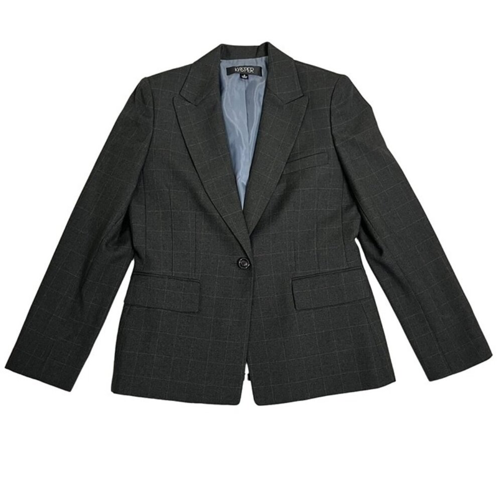 Closet Closing Sale! Kasper women's blazer 8 gray blue plaid one button Polyeste